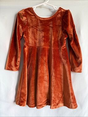 Kids Velvet Long-Sleeve Skater Dress in Rust
